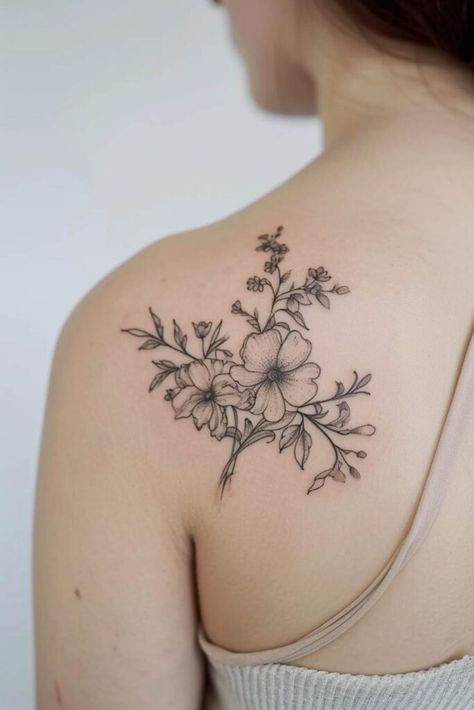 flower tattoos Tattoo Back Of Shoulder, Floral Tattoo Back, Tattoo On Spine, Unique Flower Tattoos, Trendy Tattoos For Women, Small Floral Tattoo, Back Tattoo Inspiration, Back Tattoo Ideas For Women, Tattoos Delicate