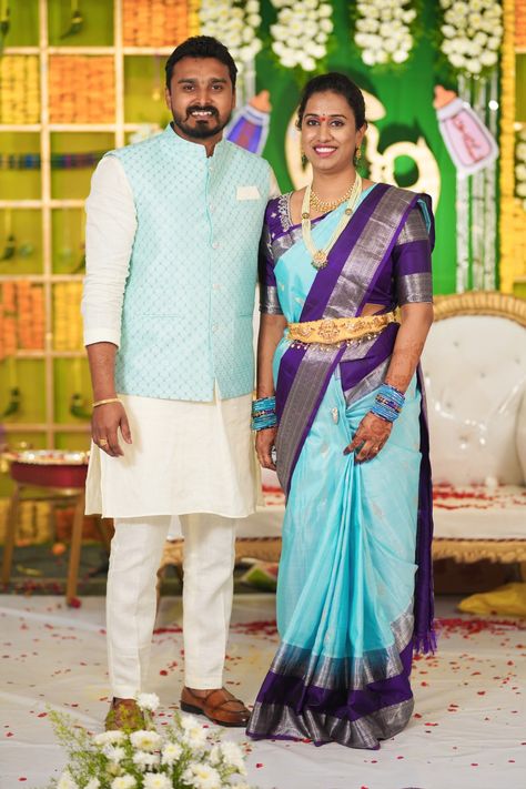 Matching Couple Outfits For Wedding, Wedding Couple Dress Combination, Panchalu Function, Blue Pattu Saree, Wedding Lehangas, Saree Combination, Couples Dress, Reception Suits, Couple Dresses