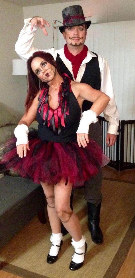 DIY Puppet and Puppet Master Halloween Costume.  Doll - Ventriloquist Puppet Costume Women, Ventriloquist Doll Costume Couple, Doll And Puppet Master Costume, Puppet Costume Diy, Puppet Master Costume, Creepy Puppet Costume, Ventriloquist Dummy Costume, Puppet Doll Costume, Puppet And Puppet Master Costume