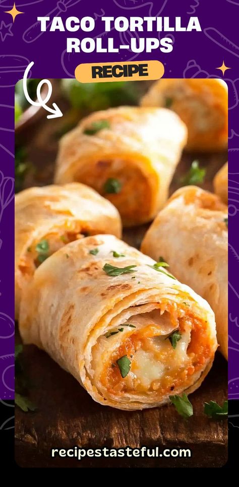 These Taco Tortilla Roll-Ups are the perfect party appetizer or snack! Packed with creamy filling, taco seasoning, tender chicken, and shredded cheese, they’re sure to please any crowd. Perfect for game days, family gatherings, or casual get-togethers, these roll-ups are easy to make and can be prepared ahead of time. Serve with your favorite dips like salsa, guacamole, or sour cream for an added burst of flavor! #TacoTortillaRollUps #PartySnacks #Appetizers #MexicanFood #EasyRecipes #SnackIdeas Mexi Rolls Taco Johns Recipe, Baked Tortilla Roll Ups, Things To Make With Flour Tortillas, Taco Roll Ups Tortilla, Large Party Food Ideas, Tortilla Appetizers, Tortilla Roll Ups Appetizers, Taco Tortilla Roll Ups, Cold Appetizers For Party