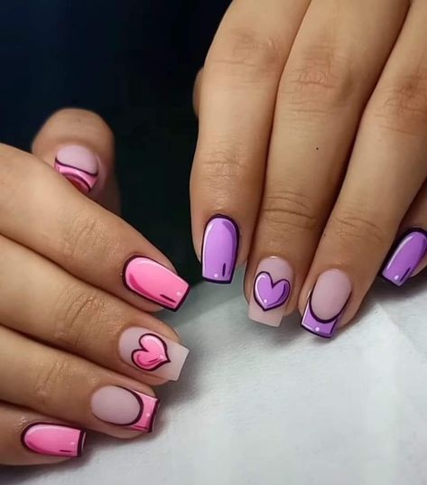 Unique February Nails, Easy Nail Designs For Valentines Day, Nail Design Pop Art, Drawing Nail Designs, Pop Art Short Nails, Pop Art Nails Short, Valentines Pop Art Nails, Short Pop Art Nails, Pop Art Valentines Nails