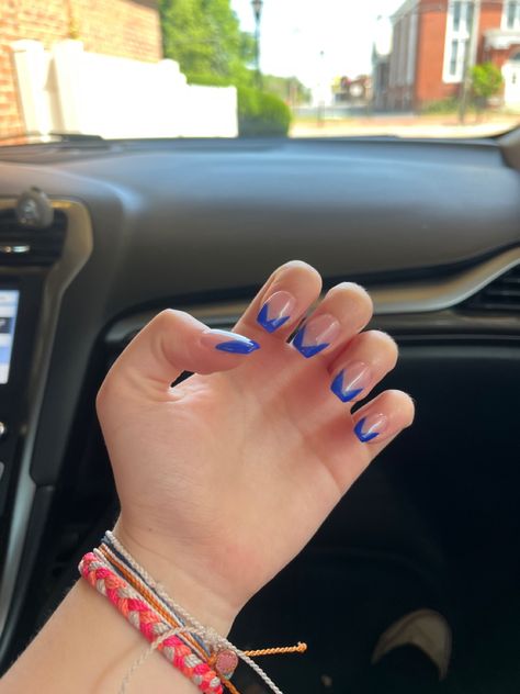 Blue French Coffin Tip Nails, Royal Blue Nails French Tips Coffin, Coffin Blue French Tip, Royal Blue V French Tip Nails, Blue Triangle French Tip Nails, Dark Blue French Tip Nails, V French Tip Nails, V French Tip, Madi Gras