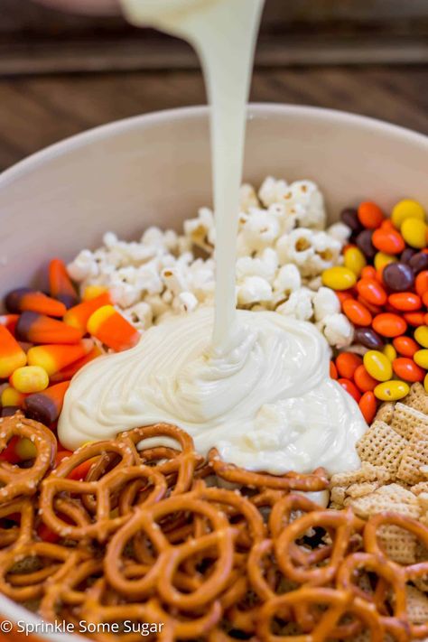 Halloween Munch + a GIVEAWAY! - Sprinkle Some Sugar Fall Snack Mix With White Chocolate, Candy Corn Trail Mix Halloween Party, Halloween Crunch Munch, Halloween Snack Mix Monster Munch, Monster Munch Recipe, Halloween Popcorn Mix Easy, Pumpkin Snacks For Kids, Daycare Halloween Treats, Halloween Mix Snack