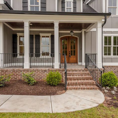 White House Black Shutters, House Skirting, Farmers Porch, Gambrel Style, Patio Railing, Porch Landscaping, Brick Steps, Porch Remodel, Black Shutters