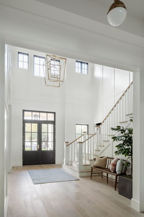 1 5 Story House Interior, Open Plan Hallway Entrance, Cathedral Foyer Ideas Entryway, Foyer Door, Entry Staircase, White Interior House, House Foyer, Double Door Foyer, Modern House Foyer