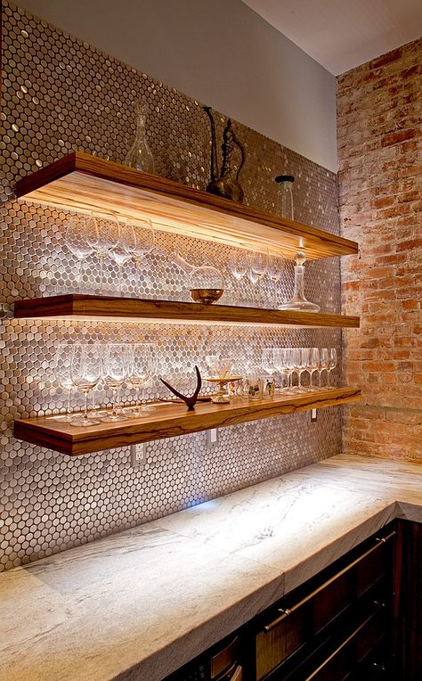 Smart use of lighting to highlight architectural features [Design: Superior Woodcraft] Penny Floor, Kitchen Lighting Design, Basement Bar Designs, Tiles Ideas, Bar Shelves, Penny Tile, Home Bar Designs, Bar Room, Bathroom Trends