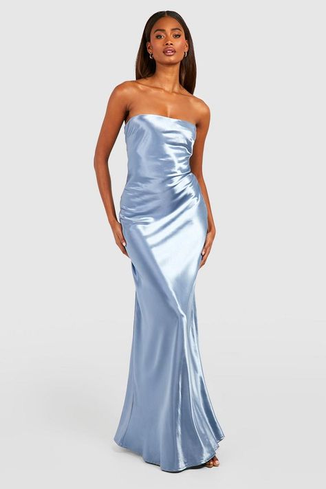 Bridesmaid Satin Bandeau Maxi Dress | boohoo Ice Blue Bridesmaid Dress, Baby Blue Bridesmaid Dresses, Blue Wedding Guest Dresses, Uzun Boy, Sky Blue Bridesmaid Dresses, Bridesmaid Satin, Blue Satin Dress, Bridesmaid Dress Collection, Bandeau Maxi Dress