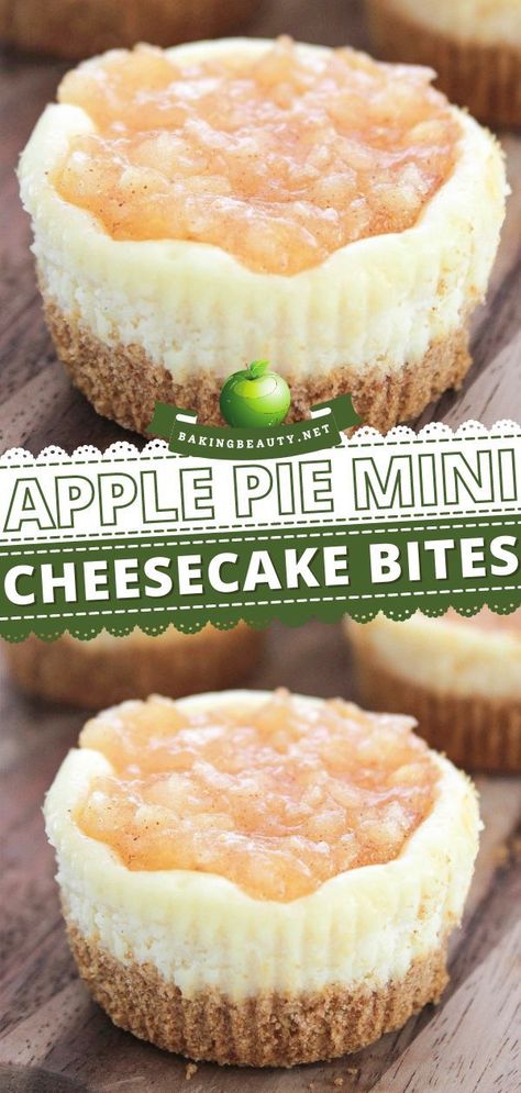 Here's a delicious apple recipe to add to your Thanksgiving desserts or fall baking recipes! Apple Pie Mini Cheesecake Bites are smooth and creamy homemade cheesecake topped with tart apples. They're… Baking Recipes Apple, Apple Pie Cheesecake Bites, Individual Thanksgiving Desserts, Mini Fall Dessert, Apple Pie Mini, Apple Desert, Cheesecake Cups Recipe, Mini Cheesecake Bites, Dessert Cheesecake