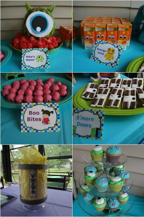 Monsters Inc Party Treats, Monsters Inc Birthday Party Ideas Food, Monsters Inc Birthday Party Food, Monsters Inc Party Food Ideas, Monster’s Inc Birthday Party, Monsters Ink First Birthday, Monsters Inc Themed Food, Monsters Inc 3rd Birthday Party, Monster Ink Party