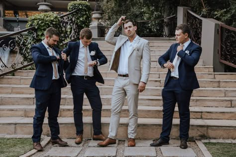 Tan Groom Navy Groomsmen, Beige Groom Navy Groomsmen, Groom Tan Suit Groomsmen Navy, Navy Blue And Tan Groomsmen Suits, Groomsman Color Scheme, Midnight Blue Suit Wedding, Groom In Different Suit Than Groomsmen, Groomsmen Attire Navy Blue, Khaki Groom