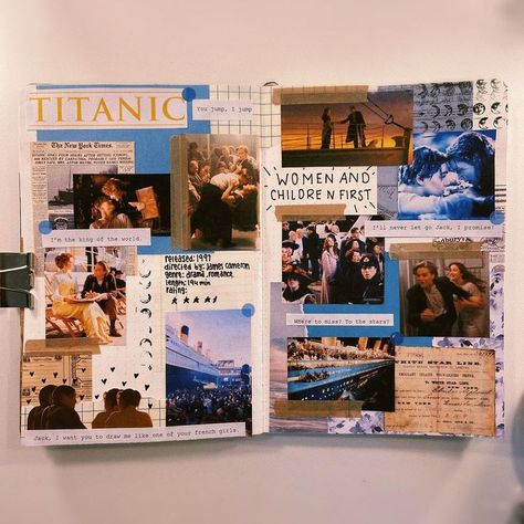 Titanic Journal Page, Movie Journaling Ideas, Scrapbook Ideas Minimalist, Film Scrapbook Ideas, Scrapbook Movie Page, Minimalistic Scrapbook, Movie Journal Aesthetic, Movie Scrapbook Ideas, Photo Diary Ideas