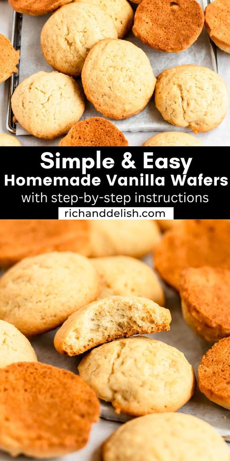 These homemade vanilla wafers are rich and buttery and can be enjoyed on their own or used as a versatile ingredient in various desserts like banana pudding. Homemade Vanilla Wafers, Vanilla Wafer Recipe, Holiday Recipes Christmas Desserts, Christmas Main Dishes, Simple Chocolate Chip Cookie Recipe, Holiday Recipes Thanksgiving, Vanilla Muffins, Homemade Banana Pudding, Cream Cheese Desserts