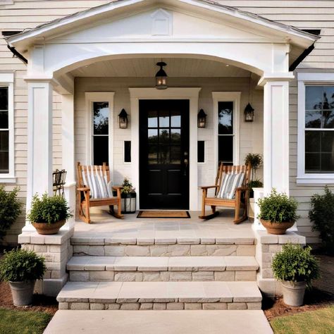 40 Modern Farmhouse Exterior Ideas You Can Copy Porch Addition Before And After, White Farmhouse Front Porch, Modern Farmhouse Front Porch, Farmhouse Exterior Ideas, House Brick, Brick Porch, Farmhouse Front Porch, Brick Steps, Porch Addition