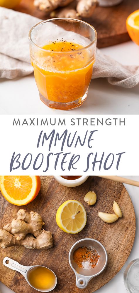 This immune booster shot recipe has everything you need to raise that immune system and fight off viruses come cold and flu season! With everything from garlic and ginger, to lemon and orange juice, to apple cider vinegar, honey, and turmeric, it's jam packed with immune boosting ingredients. #immunesystem #healthy #superfoods #acv #applecidervinegar Immunity Boost Recipes, Garlic Wellness Shots, Wellness Shots For Cold, Wellness Juice Recipes, Garlic Shots, Acv Shots Recipe, Acv Ginger Turmeric, Turmeric Shot Recipes, Honey Turmeric Antibiotic