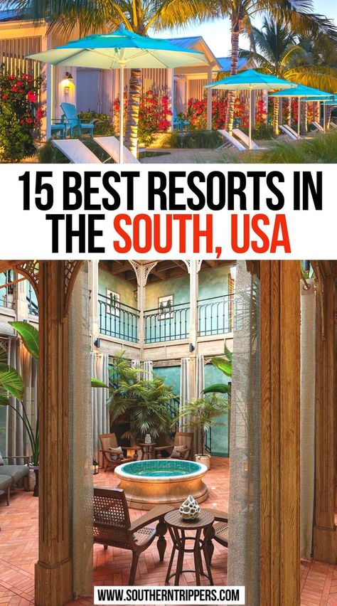 15 Best Resorts in the South, USA Southern Us Travel Destinations, Best Resorts In The Us, Spa Resorts United States, Southern Vacation Spots, Weekend Getaways In The South, South Usa, Spa Getaways, Spa Weekend, Best Family Resorts