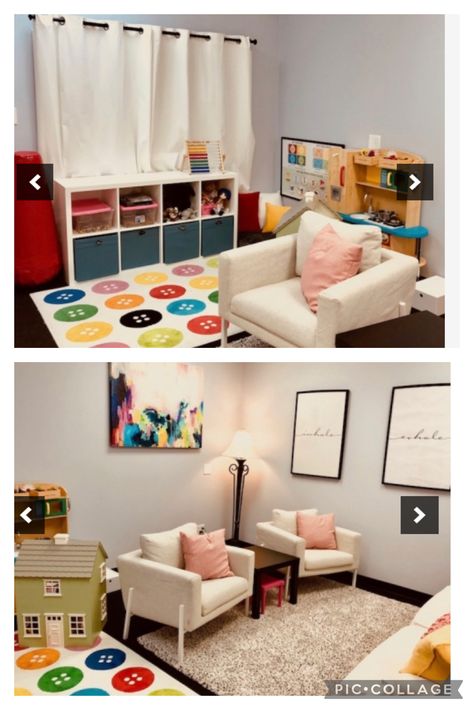 Play Therapist Office Decor, Play Therapy Office Private Practice, Mommy And Me Office Space, Small Play Therapy Office, Play Therapy Office Decor, Play Therapy Room Design, Aba Therapy Room Ideas, Aba Clinic Design, Kids Therapy Office