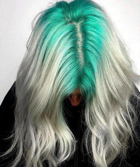 The Colored Roots Hair Color Trend Makes The Grow Out Process Fun Colorful Roots Blonde Hair, Colored Roots Hair, Bright Coloured Hair Dark Roots, Teal And Blonde Hair, Colored Roots Blonde Hair, Natural Roots Colorful Hair, Colored Roots, Green Hair Shadow Root, Teal Hair With Dark Roots