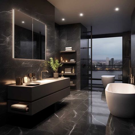 10+ Ideas for Creating a Luxury Modern Black Bathroom to Impress • 333+ Images • [ArtFacade] Dark Luxury Bathroom, Wet Bathroom Ideas, Dark Modern Bathroom, Monochromatic Bathroom, Black Marble Bathroom, Luxury Modern Bathroom, Classy Bathroom, Modern Black Bathroom, Dark Gray Bathroom