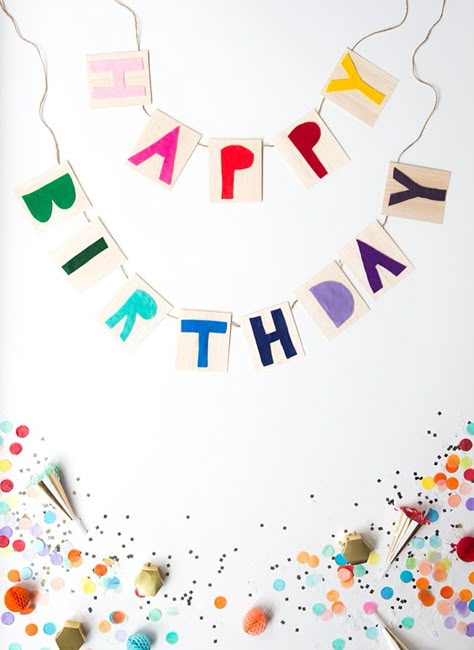 Diy Party Bunting, Rainbow Party Ideas, Happy Birthday Banner Diy, Wood Banner, Diy Birthday Banner, Rainbow Parties, Balsa Wood, Diy Banner, Happy Bday