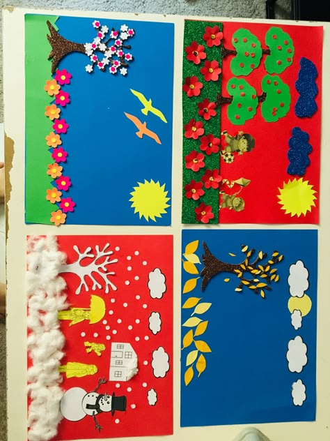 Craft For Seasons, Seasons Board Preschool, Seasons Theme Boards For Preschool, Seasons Art Preschool, Season Charts For Kids, Season Chart For Classroom, Seasons Display Board, Seasons Chart Preschool, Four Seasons Crafts For Kids