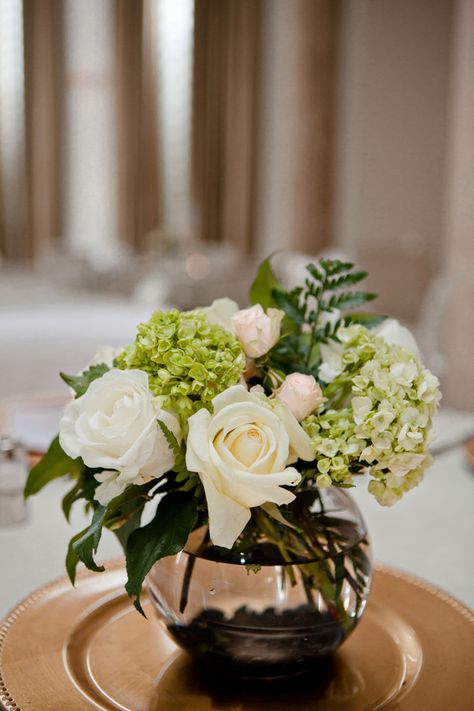 Gold And White Wedding, Roses And Hydrangeas, Canadian Wedding, Wedding Decorating, Hydrangea Centerpiece, Edmonton Wedding, Pale Pink Roses, Bowl Vase, Reception Centerpieces