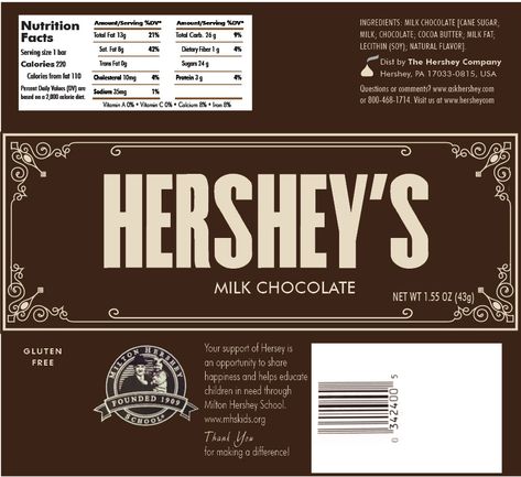 A custom wrapper for a Milk Chocolate Hershey's Bar. This was an assignment for a Senior class at CBU. Chocolate Wrapper Design, Chocolate Hershey, Hershey Cookies, Arty Ideas, Chocolate Logo, Chocolate Wrapper, Chocolate Packaging Design, Hershey Chocolate Bar, Miniature Foods