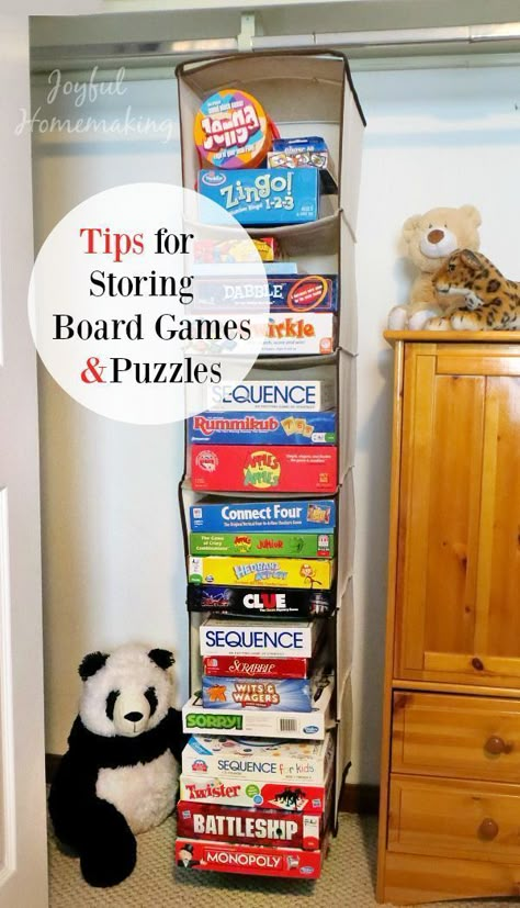 Tips for Storing Board Games and Puzzles - Joyful Homemaking Baby Room Boy, Board Game Storage, Game Organization, Game Storage, Toy Storage Organization, Organizing Hacks, Organisation Hacks, Simple Toys, Playroom Organization