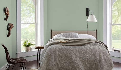 Jojoba N390-3 | Behr Paint Colors Soothing Bedroom Colors, Relaxing Bedroom Colors, Popular Interior Paint Colors, Calming Bedroom Colors, Calming Paint Colors, Soothing Bedroom, Peaceful Bedroom, Behr Paint Colors, Shingle Colors