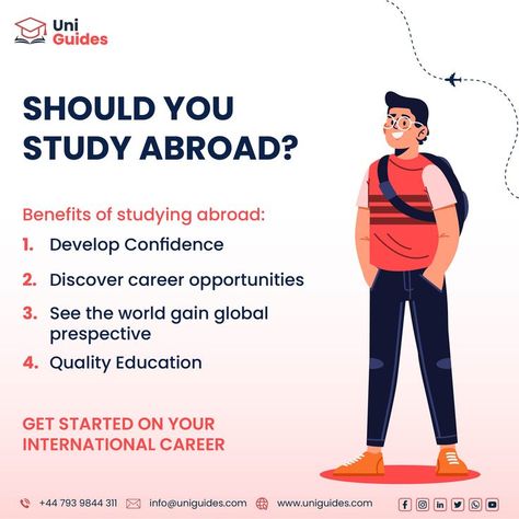 Should You Study Abroad? Absolutely! 🎓 Unleash your potential and experience the countless benefits of studying abroad. Develop confidence, discover exciting career opportunities, see the world, gain a global perspective, and receive a quality education. It's your chance to kickstart your international career. Uni Guides is here to guide you toward a transformative educational journey. Start your adventure today! 𝐅𝐨𝐫 𝐦𝐨𝐫𝐞 𝐢𝐧𝐟𝐨𝐫𝐦𝐚𝐭𝐢𝐨𝐧: ☎ +44 7939 844311 Quality Education, Studying Abroad, See The World, Career Opportunities, Study Abroad, Career, Benefits, Confidence, Education