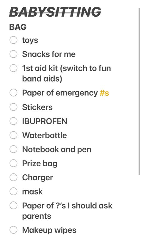 Whats In My Babysitting Bag, What To Wear Babysitting Outfit, Babysitting 101 Tips, Stuff For Babysitting, What To Have In Your Babysitting Bag, Things To Put In Your Babysitting Bag, Things To Do As A Babysitter, Things To Do For Babysitting, Things To Do When Your Babysitting