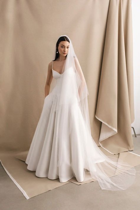 Bespoke wedding dress, London & Veil , from Divine Atelier artisans. Minimalist silhouette concept. Divine Atelier Divine Atelier, Bespoke Wedding Dress, London Dress, Minimalist Silhouette, Designer Bridal Gowns, Bespoke Wedding, Classic Elegance, Dream Dress, Bridal Style