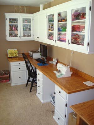 I love the cabinets. Right now, I have no wall storage. That might solve some problems and cause others (as I hit my head on the cabinets. Sewing Room Inspiration, Small Craft Rooms, Sewing Room Storage, Sewing Spaces, Sewing Room Design, Dream Craft Room, Craft Room Design, Sewing Room Organization, Quilting Room