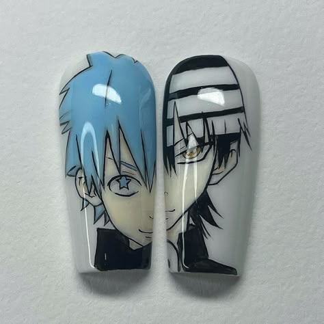 black☆star x DTK set! i <3 soul eater ˃̵ᴗ˂̵ all handpainted! DM to book for May! #souleater #souleaternails #nailart #nailartist #nailartaddict #gelxnails #gelnails #gelnailart #anime #animeart #animeartist #animeartwork #pressonnails #pressons #apresgelx #y2knails #handpaintednailart #handpaintednails #gelnails Soul Eater Nails Acrylic, Anime Manicure, Soul Eater Nails, Anime Nail Art, Black Star Soul Eater, Punk Nails, Finger Nail Art, Moon Nails, Anime Nails