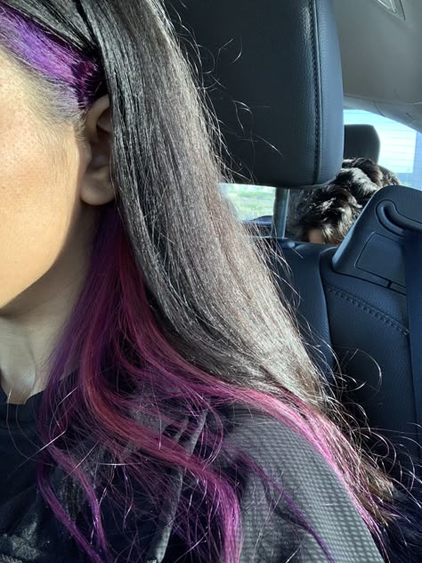 Half Bottom hair dye Hair Dye Colors Bottom Half, Dye Strip Of Hair, Dye Half Hair Underneath, Hair Bottom Half Dyed, Half Purple Half Black Hair Under, Purple Bottom Hair, Top Half Hair Dyed, Bottom Half Pink Hair, Hair Dye Bottom Half