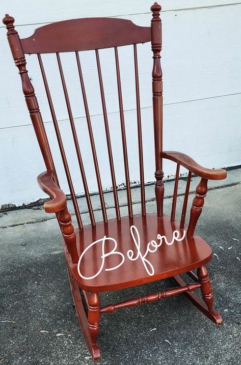 Refurbished Rocking Chair Wood, Repurposed Rocking Chair, Wooden Rocking Chair Makeover, Painted Rocking Chair Ideas, Rocking Chair Redo, Vintage Chairs Makeover, Rocking Chair Makeover, Diy Rocking Chair, Painted Rocking Chairs