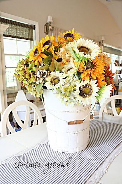 common ground : Late Summer Seasonal Flowers: Home and Garden Old Wicker, Sunflower Arrangements, Faux Hydrangea, Faux Flower Arrangements, Fall Arrangements, Early Fall, Seasonal Flowers, Late Summer, Farm Table