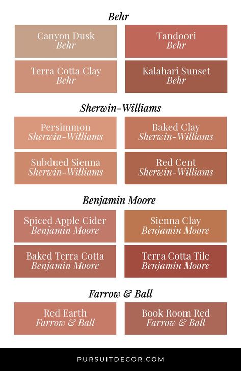 Bedroom Paint Colors Terracotta, Terracotta Paint Color Behr, Peachy Brown Paint Color, Earth Tone Painted Furniture, Behr Clay Paint Color, Earth Toned Paint Colors, Terracotta Behr Paint, Sherwin Williams Terracotta Paint, Benjamin Moore Terracotta Paint Colors