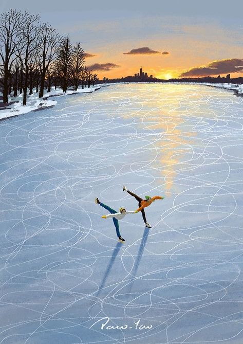 Snow Illustration, Winter Artwork, Winter Illustration, Whatsapp Wallpaper, Ice Rink, Cute Couple Art, Winter Pictures, Landscape Illustration, Winter Art