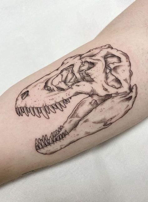 Dinosaur Tattoo Ideas, T Rex Tattoo, Dinosaur Tattoo, Dinosaur Tattoos, Skeleton Tattoos, Stomach Tattoos, Head Tattoos, Dream Tattoos, Tat Ideas