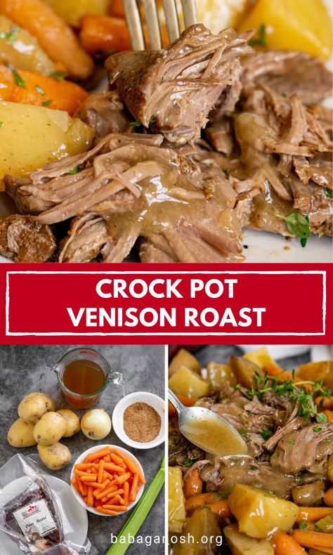 Slow Cooker Venison Pot Roast is the BEST easy slow cooker dinner. Just 15 minutes of prep and the slow cooker does all the work. You get delicious, tender shredded venison with a great flavor and a nice bite. The venison gravy is so good poured over the shredded venison and potatoes. This is a complete dinner, kid-friendly and a favorite with everyone. Feeds a crowd. Gluten-free. Dear Roast Recipes Crock Pot, Elk Roast Crock Pot, Crock Pot Venison, Pot Roast Vegetables, Deer Roast, Roast Crockpot, Slow Cooker Venison, Venison Roast, Roast Vegetables