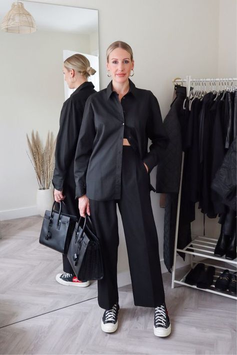 Black Wide Leg Pants Outfit Converse, Black Shirt Outfit Inspo Women, Black Shirt Aesthetic Outfit, Black Top And Black Pants Outfit, Black Trousers Converse Outfit, Oversized Black Satin Shirt Outfit, Oversized Black Pants Outfit, All Black Trousers Outfit, Black Button Up Shirt Outfit Women Work