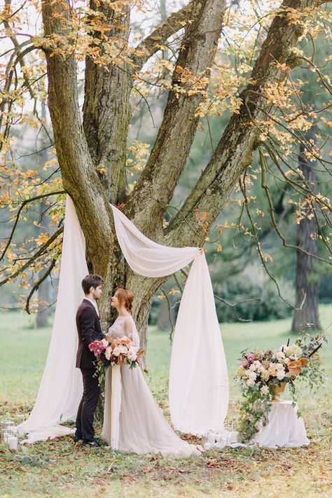 Tree For Wedding Ceremony, Natural Wedding Arch Outdoor Ceremony, Lowkey Outdoor Wedding, Tree Arch Wedding, Outdoor Wedding Ideas Ceremony, Outdoor Wedding Arch Ideas, Wedding Arch Alternative, Autumn Castle, Simple Wedding Arch