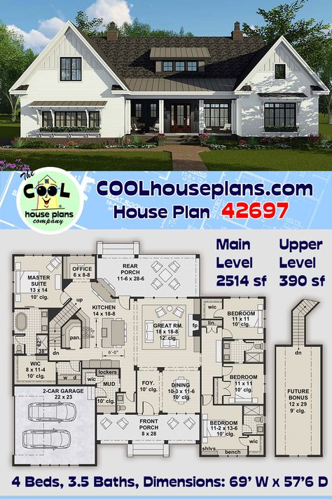 A farmhouse plan with over 2500 sq ft of heated living space. A 4 bedroom floor plan with an open layout and split bedroom design. This country design is a one floor home with a bonus space available above the garage for future expansion. This farmhouse has a basement option available (for an additional fee) if you need to increase the square footage. Two great covered porches will provide ample outdoor space to escape the hot sun. #houseplans #COOLhouseplans #homedesign #homeideas #farmhouse 2500 Sq Ft House Plans 4 Bedroom, 2500 Sq Ft House Plans, 4 Bedroom Floor Plans, Farm Style House, House Plans Ideas, House Plans With Pictures, Craftsman Farmhouse, Covered Porches, Farmhouse Floor Plans