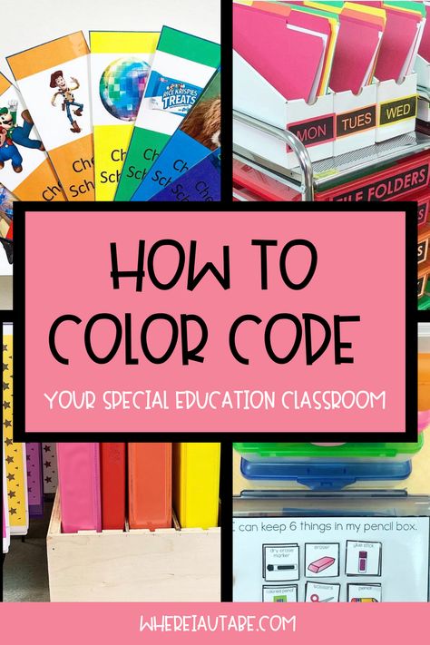 Coloring coding your classroom is one of the best ways to get and stay organized as a special education teacher. Color coding makes your classroom so much more functional for both you and your special education students. Here are 10 of my favorite ways to color code your classroom. These ideas will help you organize student supplies, visuals, IEP data and data collection folders, and file folder activities. Learn how to change the way you organize your special education classroom here. Lld Classroom Special Education, Special Education Classroom Setup Resource Room, Color Coding Classroom, Resource Room Teacher Special Education, Coteaching Classroom Special Education, First Year Special Education Teacher Must Haves, Special Education Classroom Decor, Special Education Teacher Organization, File Folder Tasks Special Education