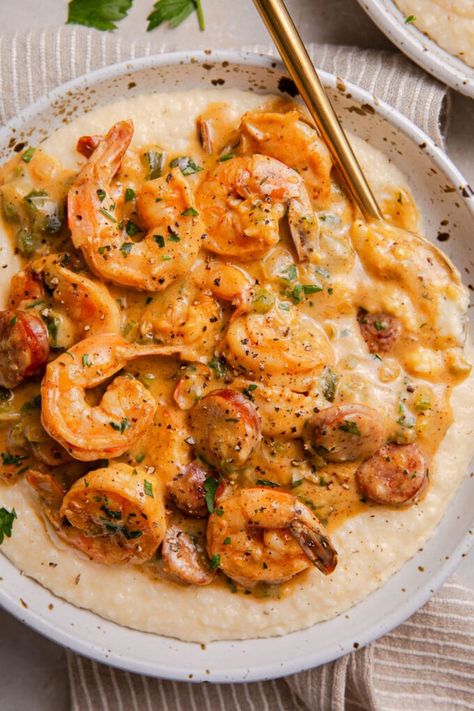 Creamy Lowcountry Shrimp and Grits Shrimp And Grits Sausage, Shrimp And Grits Recipe With Sausage, Shrimp Sausage Grits, Shrimp And Grits With Corn, Pioneer Woman Shrimp And Grits, Crab And Grits Recipe, Shrimp N Grits Southern, Shrimp Snd Grits Recipe, Shrimp And Grits With Sausage