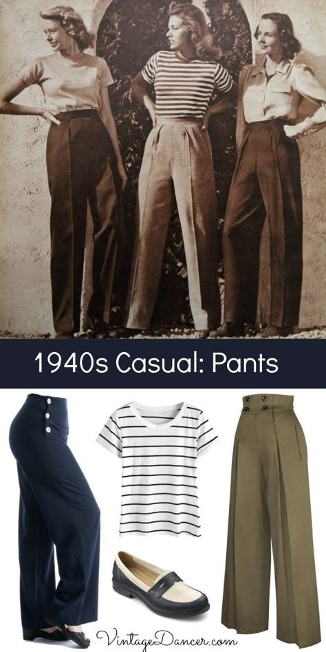 1940s casual outfits with pants or trousers 40s Mode, 1940s Fashion Women, 1940s Outfits, Vintage Outfits 90s, Design Moda, Look Retro, 40s Fashion, Vintage Inspired Outfits, Old Fashion