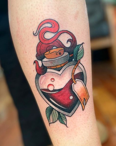 By @svobodaclaudia "Thank you, Hannah!" #tattoo #colortattoo #neotraditionaltattoos #neotraditionaltattoo #neotraditionalcolortattoo #stltattooist #stltattoos #cherokeestreet #alchemytattoocollective #hearttattoo #neotraditionalhearttattoo #neotraditionalpotionbottle #flashtattoo #valentinesdayart #valentinesdaytattoo #potionbottletattoo Potion Tattoo Color, Heart Bottle Tattoo, Heart Potion Bottle Tattoo, Love Potion Tattoo, Potion Bottle Tattoo, Potion Tattoo, Coloring Tattoo, Hannah Tattoo, Couple Tat