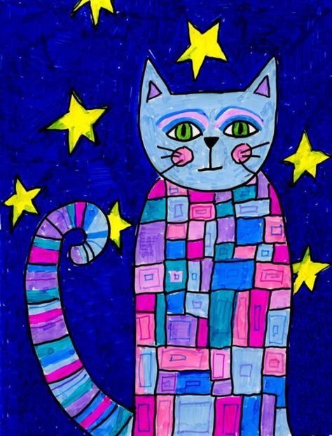 This project is one of my most pinned art lesson ideas. I think it's because of the all the simple shapes and rich colors. Square 1 Art, Laurel Burch Cats, 2nd Grade Art, 3rd Grade Art, Art Projects For Kids, Pattern Cat, Tech Art, Elementary Art Projects, 수채화 그림