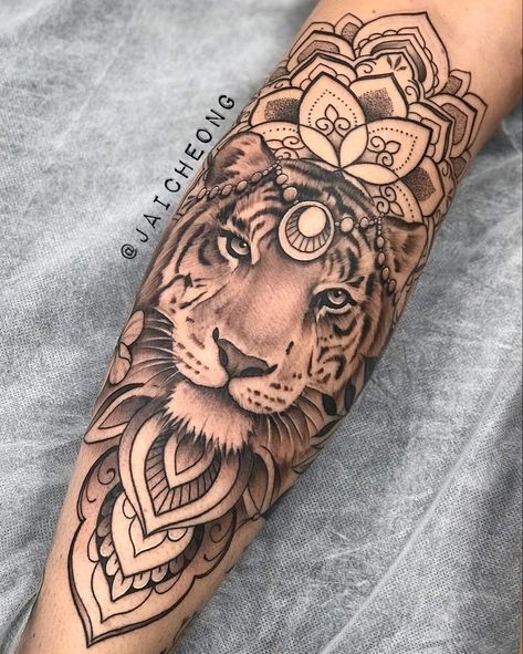 Mandala Lion Tattoo Women, Tiger Shin Tattoo For Women, Tiger Calf Tattoos For Women, Tiger Sleeve Tattoos For Women, Tiger Tattoo For Women Thighs, Woman Calf Tattoo, Mandala Calf Tattoo, Tiger Mandala Tattoo, Tiger Tattoo Women