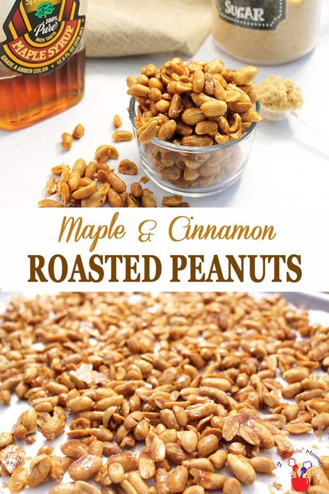 These Maple Roasted Peanuts are a sweet, crunchy, totally addictive snack. A nice change from plain ole peanuts, these maple cinnamon flavored nuts are baked until they have a nice crisp coating and they only take 15 minutes. Perfect for satisfying any craving! #peanuts #snack #candiednuts #maple  via @2CookinMamas Seasoned Peanuts Recipes, Seasoned Nuts, Flavored Nuts, Spicy Nuts, Nut Crackers, Maple Candy, Raw Peanuts, Healthy Nuts, Peanut Recipes